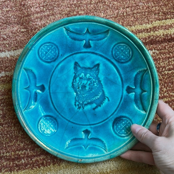 Celtic wolf and raven shallow bowl dish raku pottery handmade - Picture 2 of 4